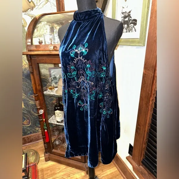 Free People Velvet Embroidered Halter Mini Dress Navy Blue Floral Sequin - Image 5