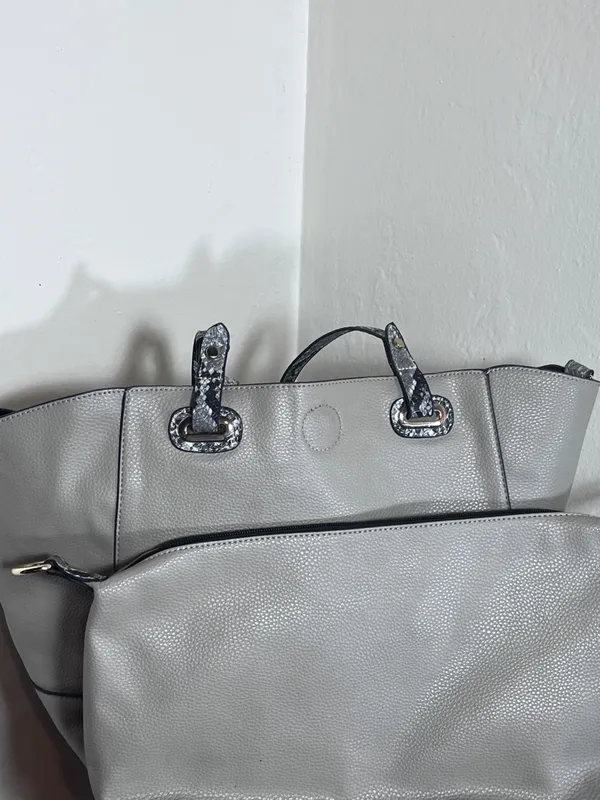 Michael Kors Light Gray Tote with Snake-Print Trim - Image 9