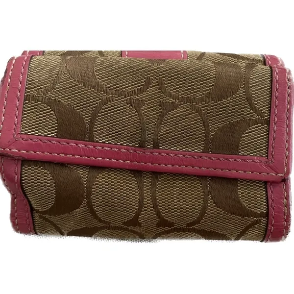 Coach Beige/Pink Signature Canvas And Leather Compact Wallet‎ - Image 4