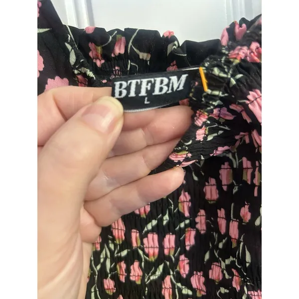 BTFBM Floral Smocked Cottagecore Maxi Dress Puff Sleeve Black Pink Large - Image 4