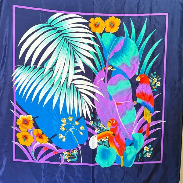 Vintage 90s Square Tropical Leaf Parrot Scarf Wrap Tropical Summer 36" x 43"‎ - Image 2