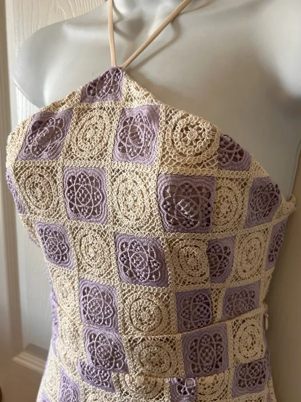 Anthropologie FORE‎ COLLECTION Lilac/Cream Checkered Crochet Halter Dress Autumn Wedding Guest - Image 8