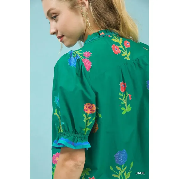 Umgee Petal Parade Print Button-Down Blouse - Jade - Small - Image 5