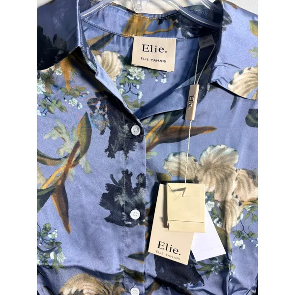 Elie‎ Elie Tahari Womens Blue Floral Satin Button Down Blouse Size Small NWT - Image 5