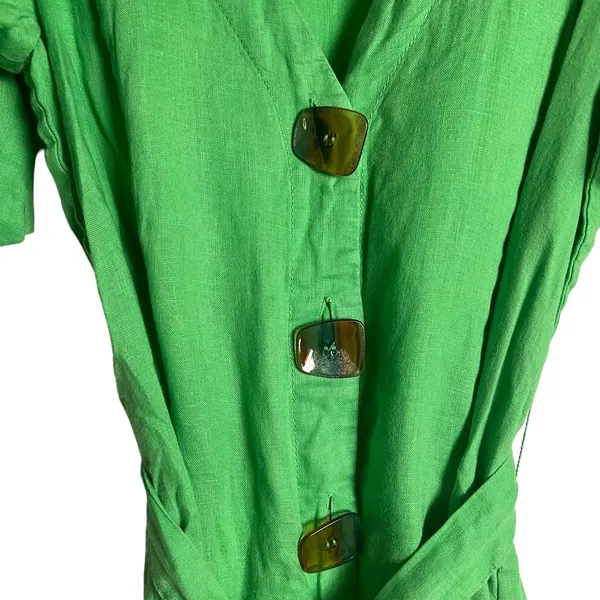 Nicholas Troy Green Linen Button Front Tie Waist Short Sleeve Dress Size 4 - Image 9