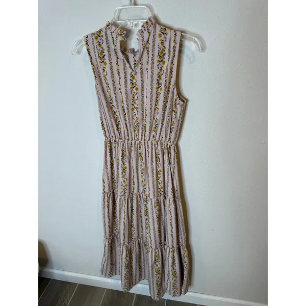 Moon‎ River Pink Floral Stripe Ruffle Neck Tiered Sleeveless Midi Dress Small - Image 3