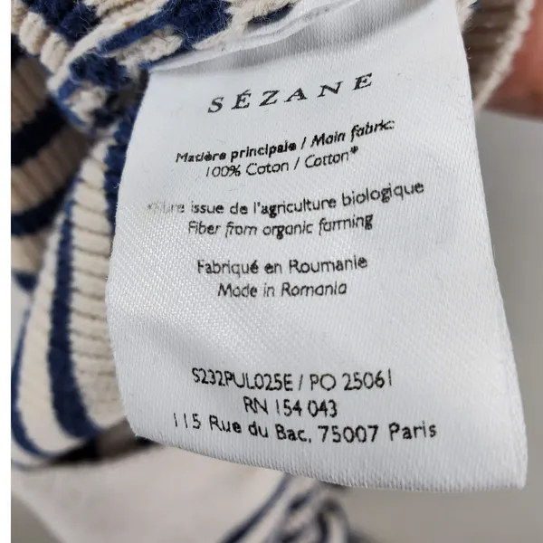 Sezane Leontine Sweater Women M Ecru Navy Striped Cotton Shoulder Button Knit - Image 5
