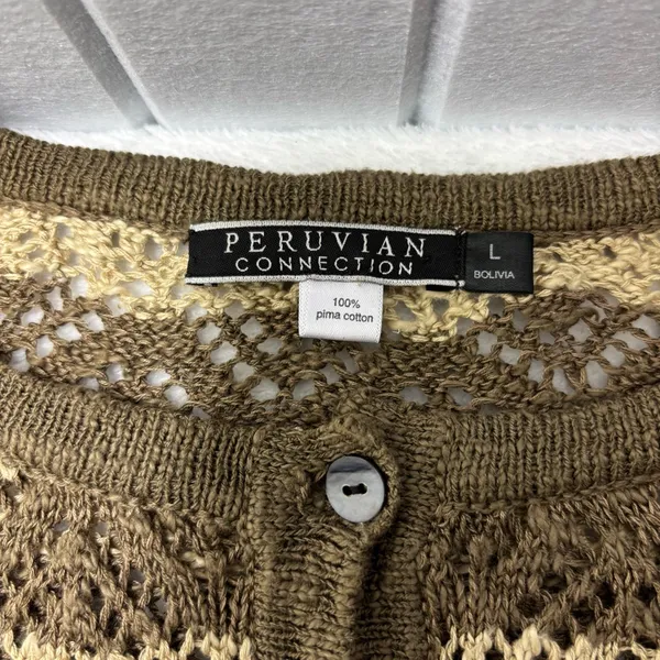 Peruvian Connection Vintage‎ Crochet knit Brown and Cream Striped Sweater Size L - Image 8