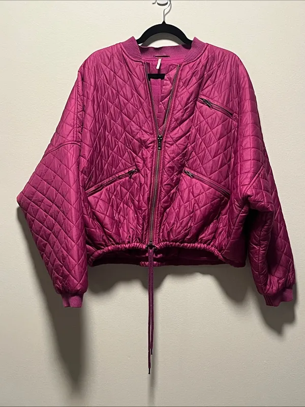 FREE PEOPLE Easy Quilted Bomber Jacket Pink Fuchsia Cropped Zip, Size M - Image 3
