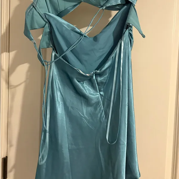 American Threads Strapless Satin Dress in Teal - Image 3