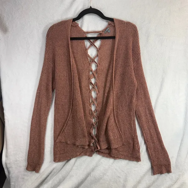 Charlotte Russe S Open Front Cardigan Dusty Rose‎ Lace-Up Back Knit Sweater - Image 3