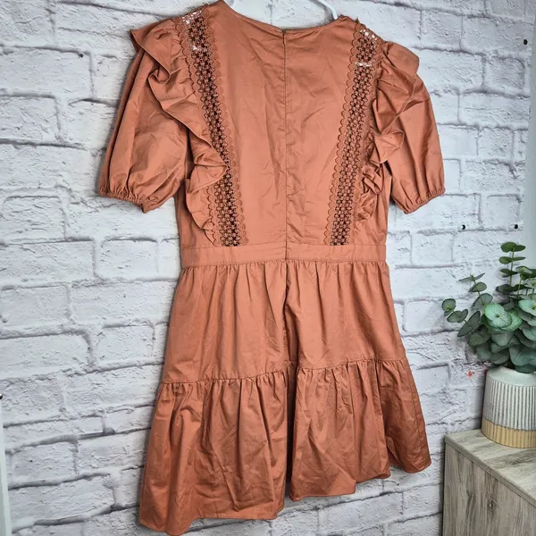 ​NWT English Factory Terracotta Lace Inset Puff Sleeve Tiered Boho Mini Dress L - Image 8