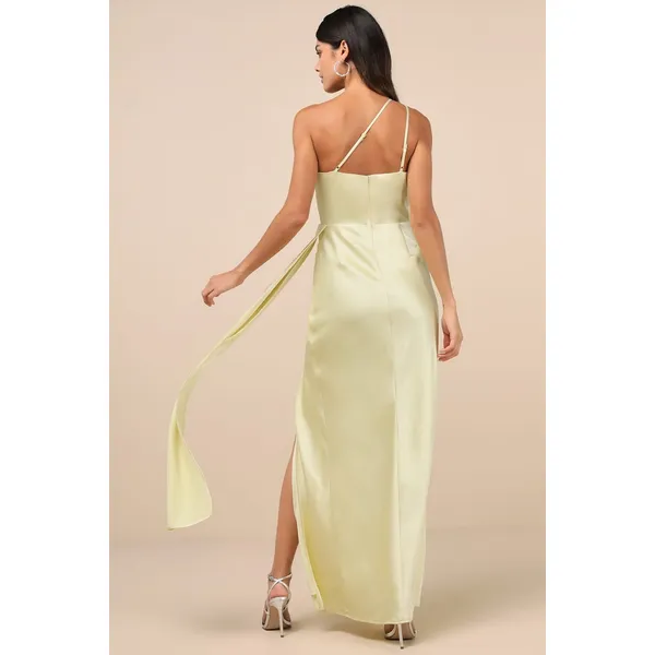 NWT Lulus Signature Elegance Pale Yellow Satin One-Shoulder Maxi Dress Gala Sz S - Image 3