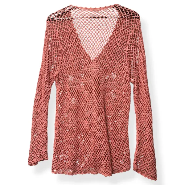 Women Crochet Cardigan Coverup Pink M Boho Cottagecore Fairy Boho Beachy Coastal - Image 3