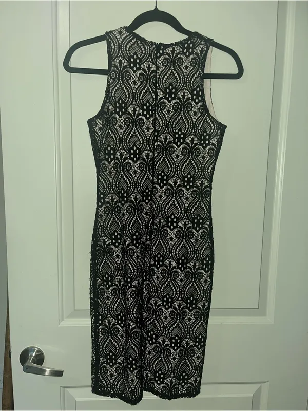 Black Lace Midi Dress with Nude Lining - Image 2