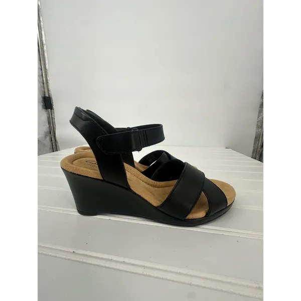Clarks Collection Tulip Gem Black Leather Wedge Sandals Womens 8.5‎ Career - Image 7
