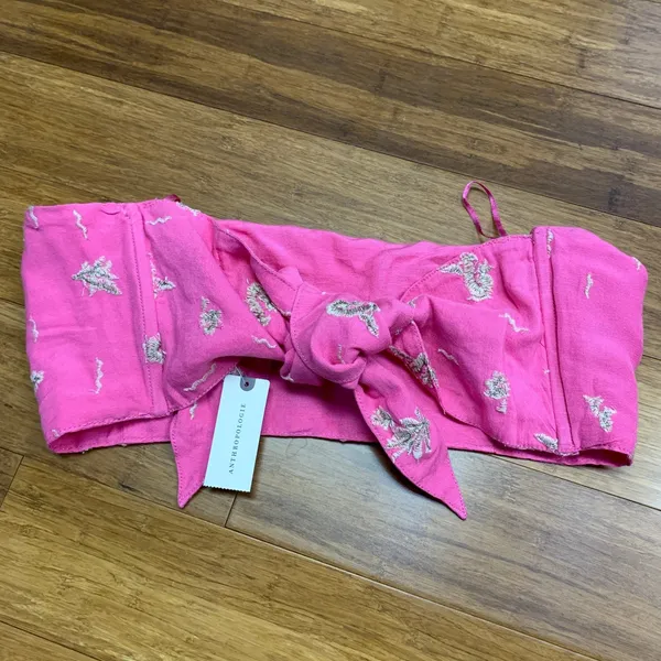 Maeve Anthropologie Embroidered Tie Front Bandeau Top Bright Pink Linen Blend XL - Image 3