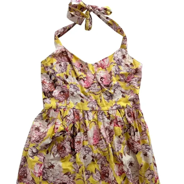 Bardot Labella Midi Dress Yellow Floral Size 6 Linen Bustier Halter Vintage Vibe - Image 4