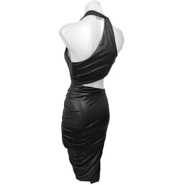 Oh Polly Black Faux Leather Halter V-Neck Cutout Ruched Mini Bodycon Dress Sz 2 - Image 2