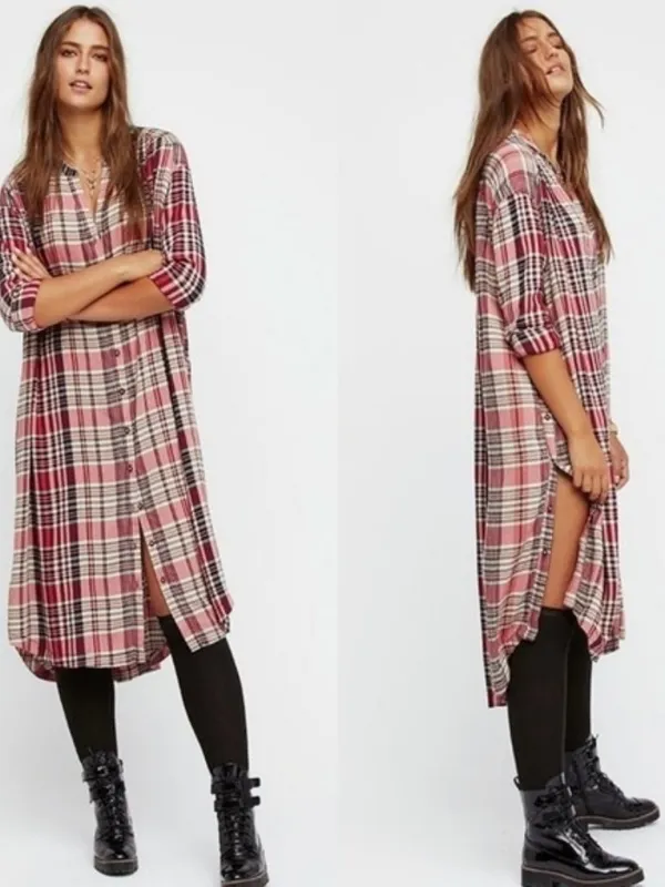 Free People Loralei Plaid Shirt Dress Tunic Red Pink Western Festive Size XS - Image 2