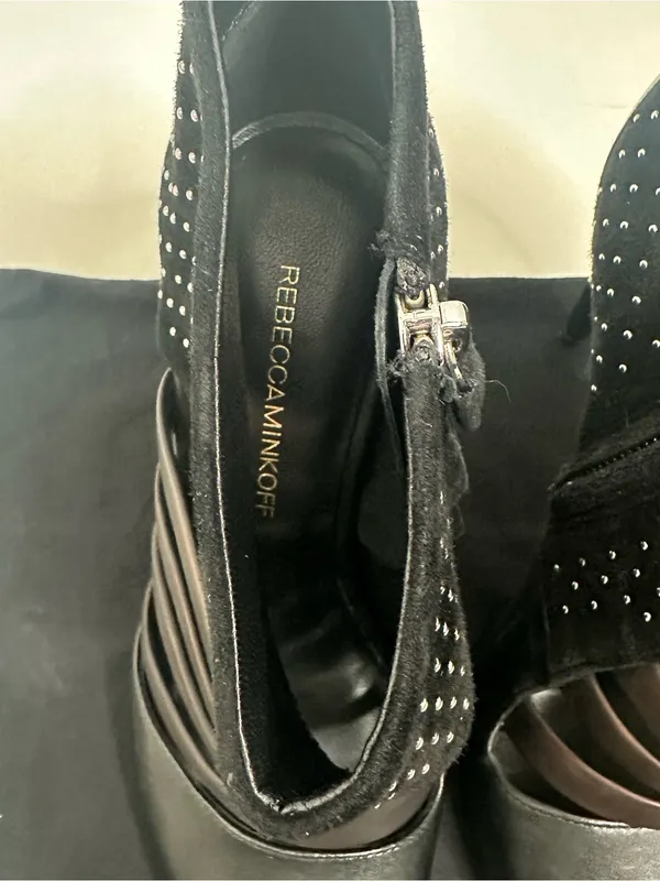 Rebecca Minkoff Caesar Studded Heels Black Leather & Suede Size 8 - Image 9