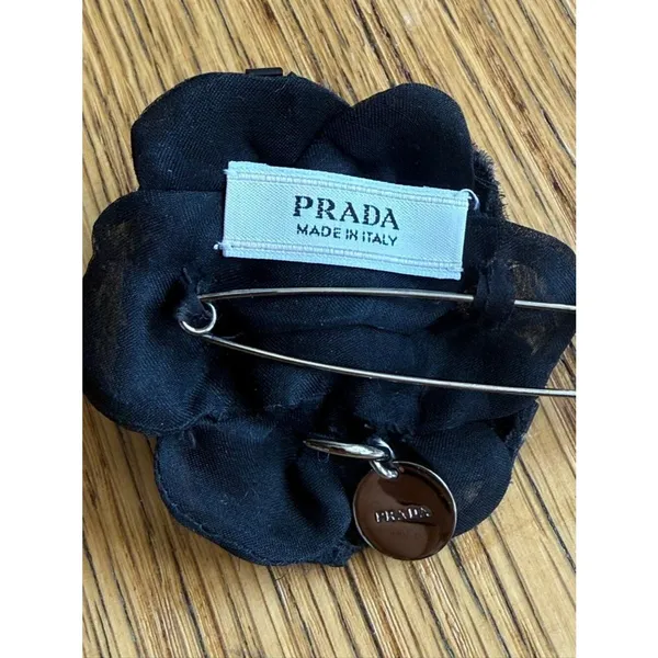 Prada Black Beaded Fabric Flower Brooch Pin, EUC - Image 3