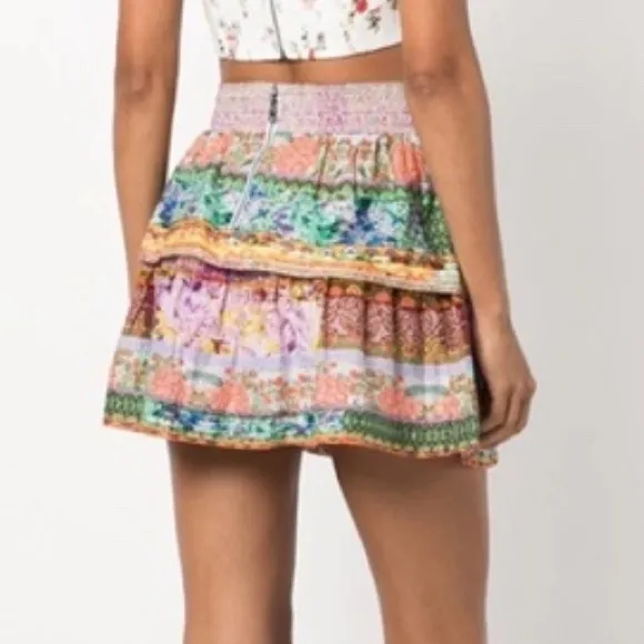 Alice and Olivia Multi Color Tiered Floral Patchwork Mini Skirt Smocked Waist - Image 5