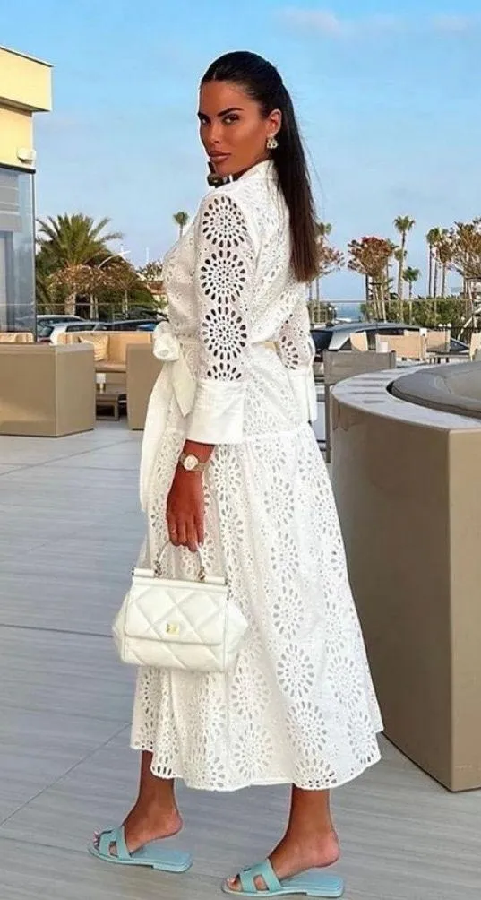 ZARA white lace long sleeve maxi dress with waist belt boho summer vacation - Image 10