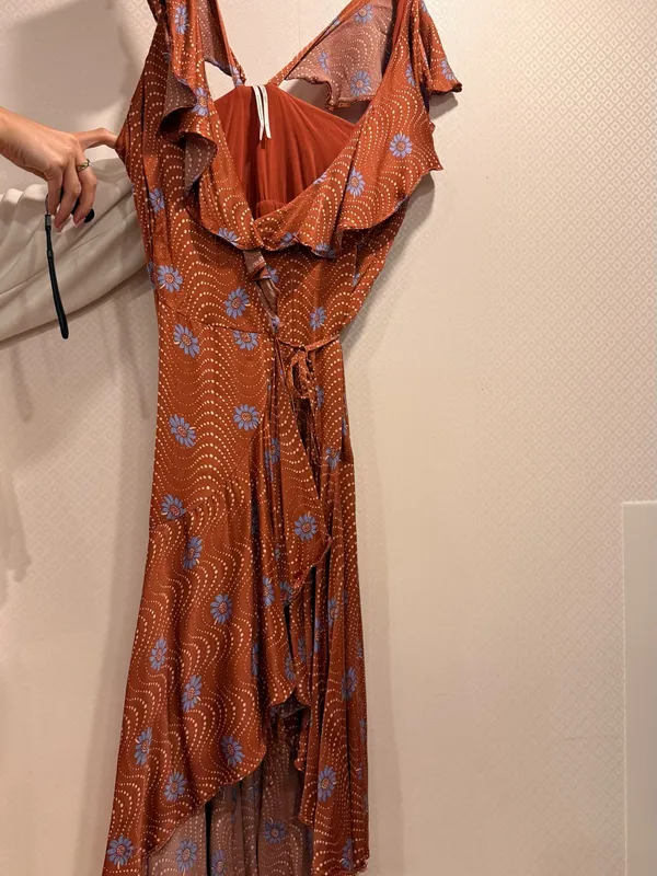Anthropologie Ruffle-Sleeve Printed-Wrap Rust Midi Dress with Blue Floral Print - Image 5