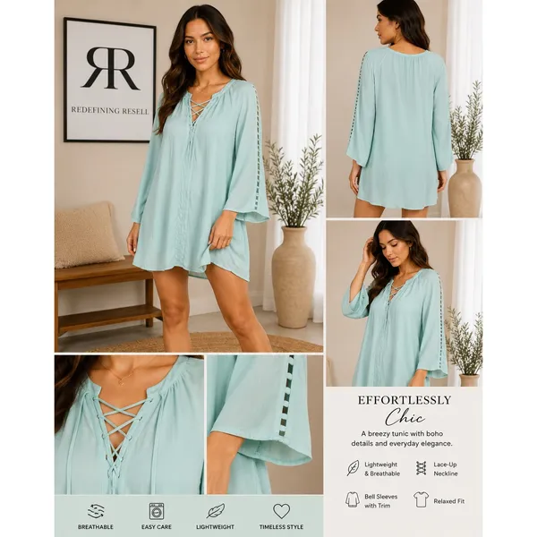 Entro Women's Mini Dress Size S Long Sleeve Lace Up Boho‎ Festival Casual - Image 2