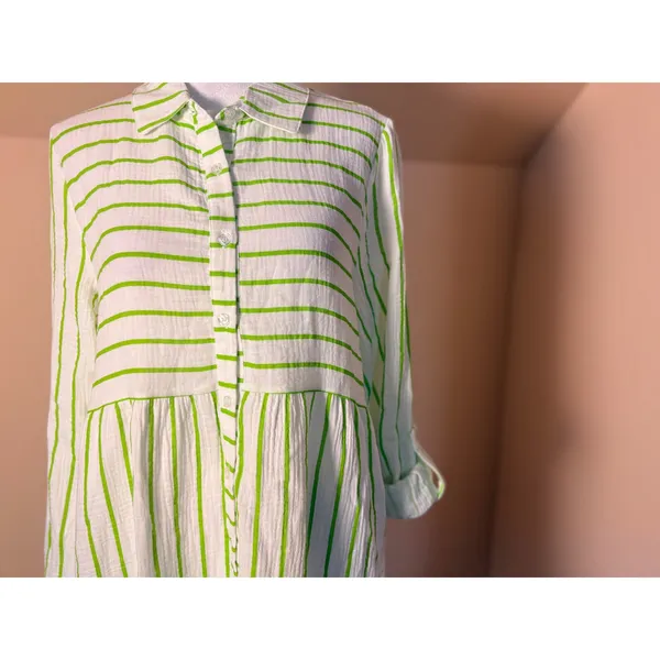 Anne Cole Ibiza Shirt Dress Womens S Lime Green NEW Striped Cotton Cover Up‎ - Image 7