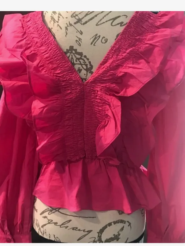 Feminine Ruffled V-Neck Peplum Blouse in Hot Pink - Image 5
