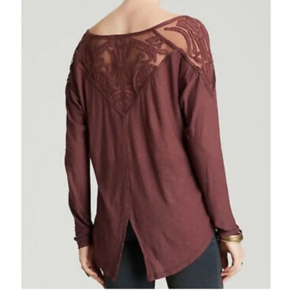 Free People Gatsby Top Embroidered Mesh Maroon Red Medium - Image 13