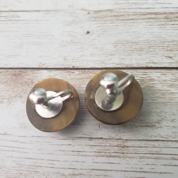Vintage Screw On Earrings - Brown Possibly Tigers Eye? Domed Circle - Image 3