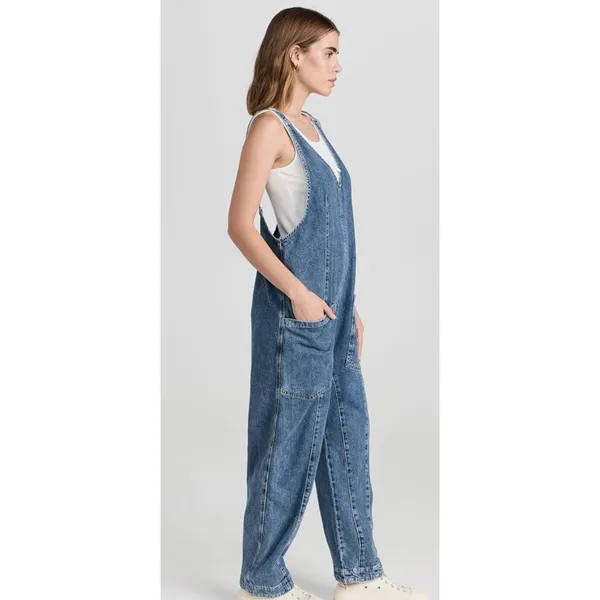 Free People Boho Denim Jeans Jumpsuit Blue Oversize Size XS - Image 3