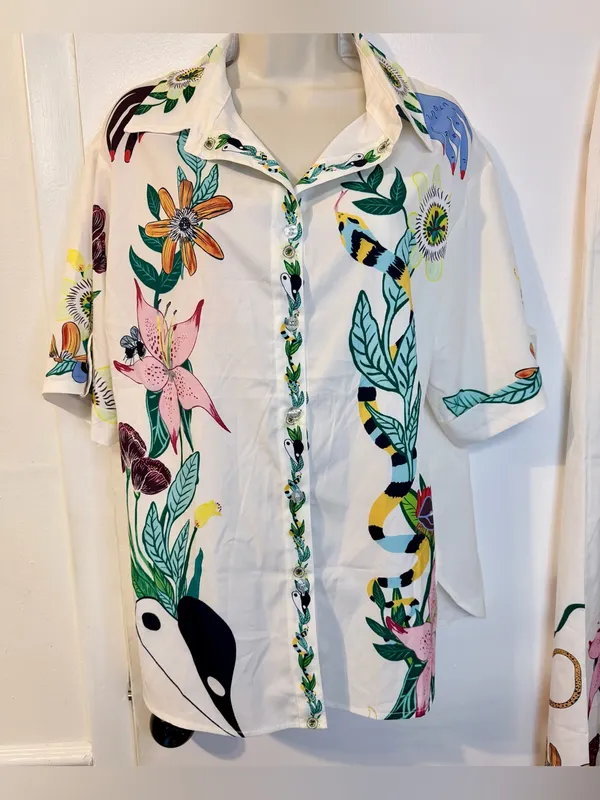 Tropical 2 Piece Set M Shirt Pants Drawstring Wide Leg NWOT - Image 5