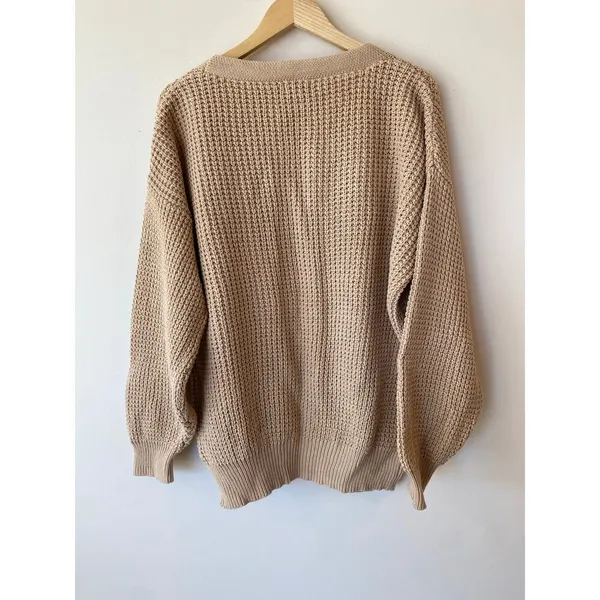Qualfort Womens Knit Cardigan XL Beige Button-Up 100% Cotton Lightweight Sweater - Image 2