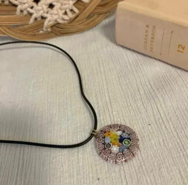 Millefiori Glass Charm Pendant Necklace Vintage “Dahlia” Leather Strand Italian Classi - Image 5