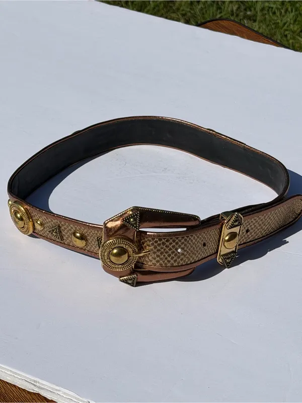 Vintage Western Snakeskin Print Studded Belt Bronze Gold Boho Size M - Image 2