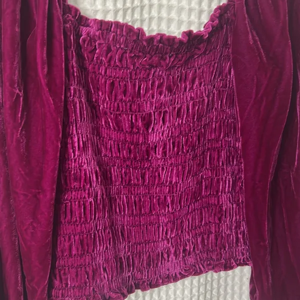 Anthropologie Smocked Velvet Puff Sleeve Pink Magenta Square Neck Blouse Small - Image 10