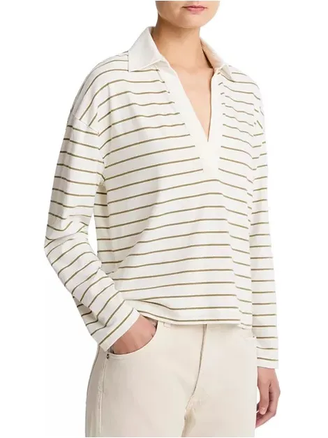 Vince Easy Polo Striped Cotton Long Sleeve Women’s Top Olive Stone - Image 4