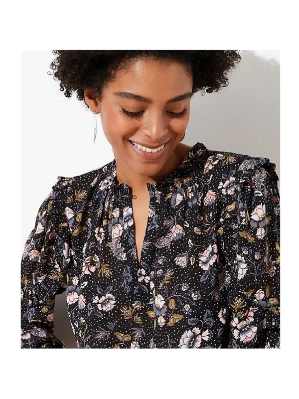 Loft Black and White Floral Ruffle Key Hole long sleeve pullover top size small - Image 4