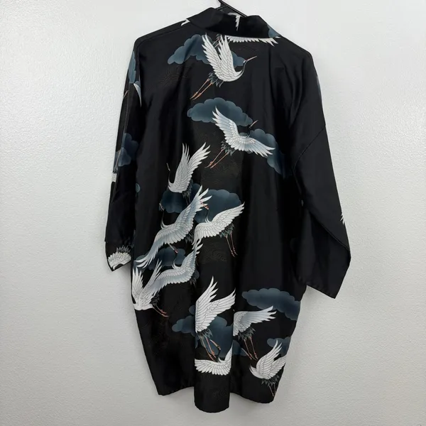 Marukyo Kimono Womens OS Black Crane Cloud Print Open Front Wide Sleeve Robe - Image 8