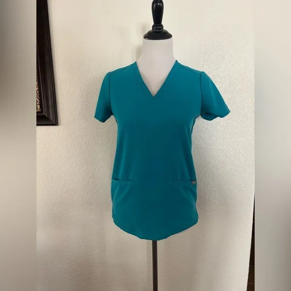 FIGS Technical Collection‎ Scrub Top XXS Teal Blue V-Neck Short Sleeve Pockets - Image 8