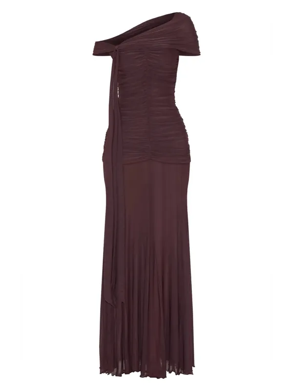PrettyLittleThing BROWN LINED MESH BARDOT MAXI DRESS Sz 0 - Image 2