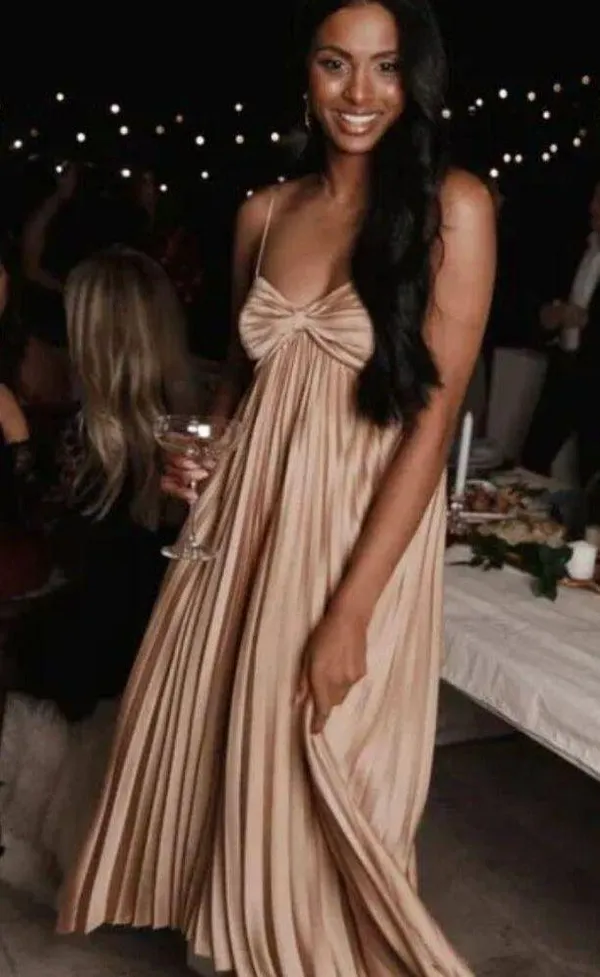 Petal & Pup Vikki Gold Satin Pleated Asymmetrical Hem Midi Dress 2 - Image 7