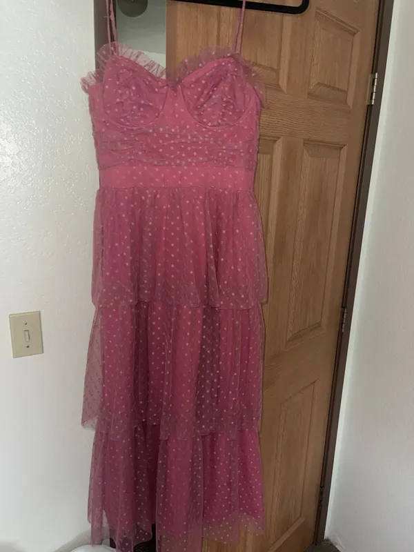 Lulu's Dusty Rose Polka-Dot Tiered Tulle Midi Dress - Image 4