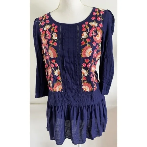 Anthropologie Floreat • Luana Women’s Navy Floral Embroidered Tunic Top Blouse - Image 4