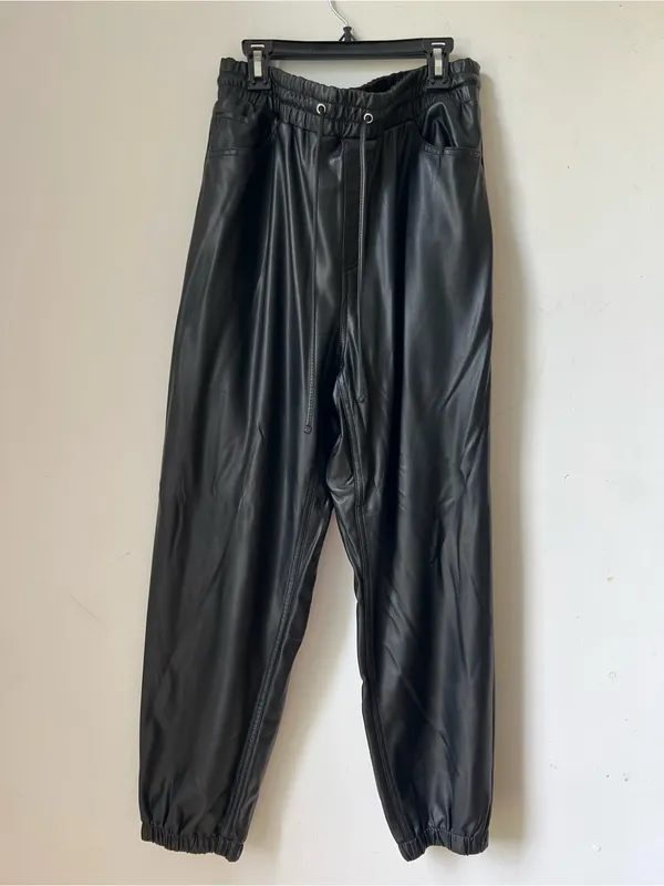 Express Women’s M Black Faux Leather Jogger Pants High Rise Drawstring - Image 2