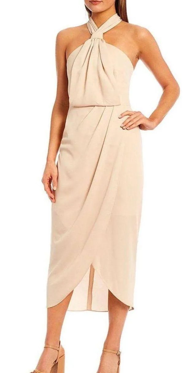 Addie Sleeveless Halter Neck Bow Tie Back Detail Tulip Hem A-Line Midi Dress - Image 2